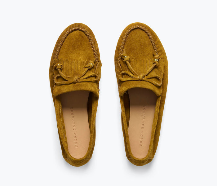 Fredan Salvador Celeste fringe loafer in soft suede, featuring a stylish fringe detail and classic loafer design.