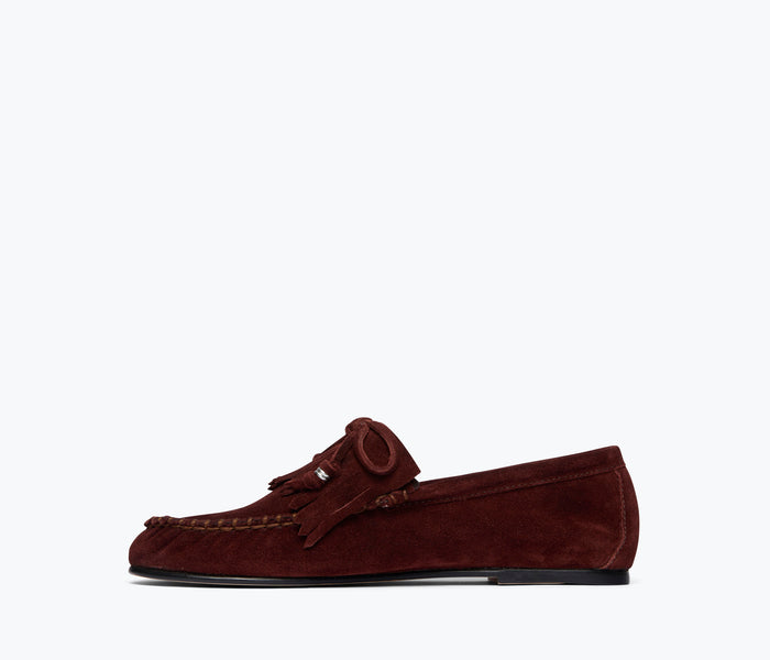 Bordeaux suede Celeste Fringe Loafer by Freda Salvador, featuring fringe details and a classic loafer silhouette.