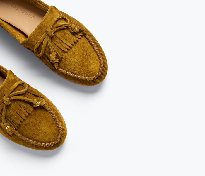 Fredas Salvador Celeste Fringe Loafer in soft suede with fringe detail, showcasing stylish and comfortable women's footwear.