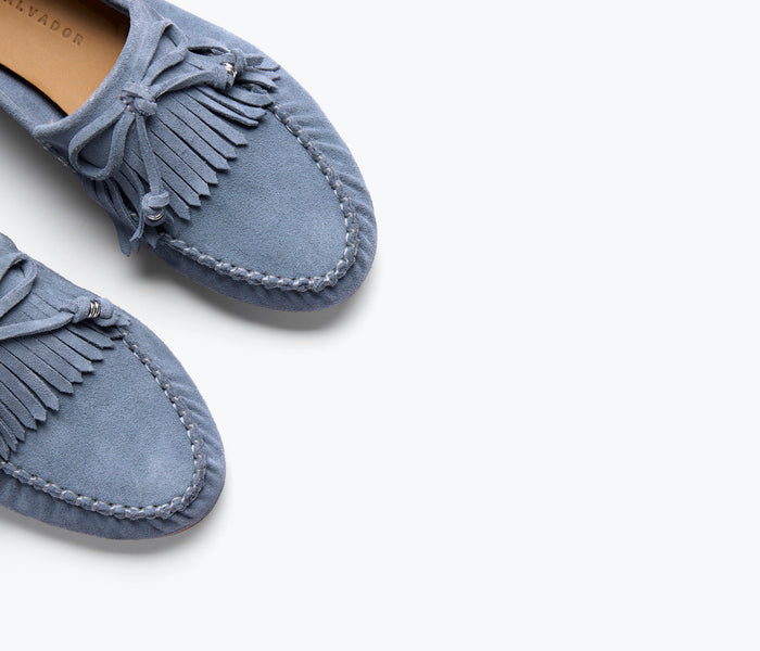 Freda Salvador Celeste fringe loafer in denim and suede with detailed fringe and stitching, stylish slip-on shoe for casual wear.