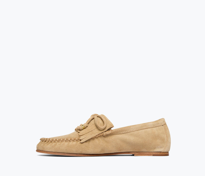 Freda Salvador Celeste Fringe Loafer in stucco suede, showing the inside view with fringe details and soft leather lining.