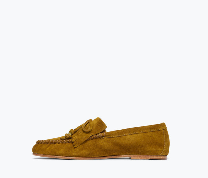 Freda Salvador Celeste fringe loafer made of soft suede, shown from inside view with fringe detailing and comfortable insole.