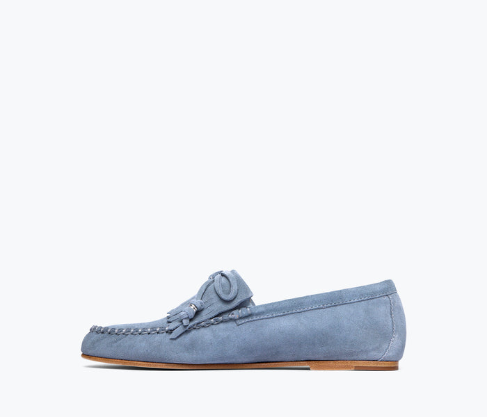 Fredas Salvador Celeste Fringe Loafer in denim suede with fringe detail and inside view showing comfortable lining.