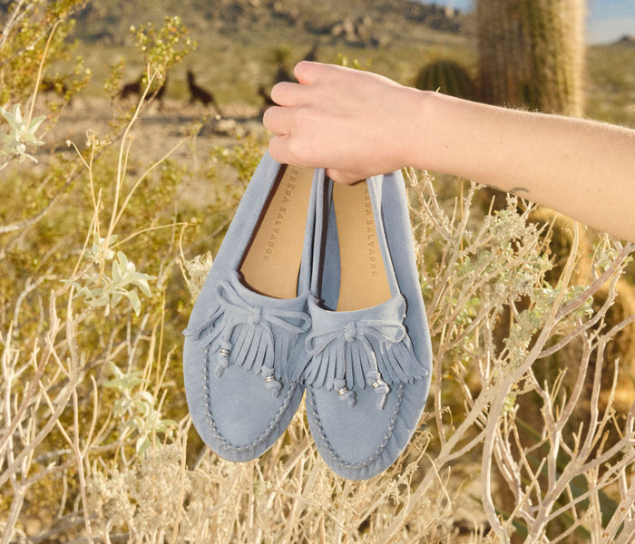 Fredas Salvador Celeste Fringe Loafer in denim and suede with fringe detailing, stylish slip-on footwear for women