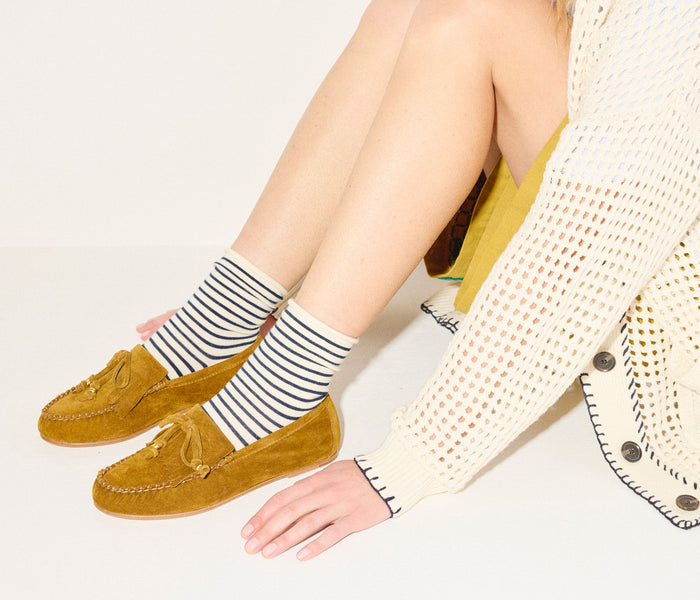 Freda Salvador Celeste Fringe Loafer in suede with fringe detail, featuring a sleek slip-on design and classic loafer silhouette.