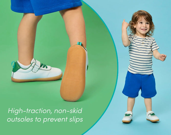 Split view child wearing and side/bottom view of high-traction, non-skid outsole to prevent slips - Ten Little Centre Court Sneakers. Available at www.tenlittle.ocm
