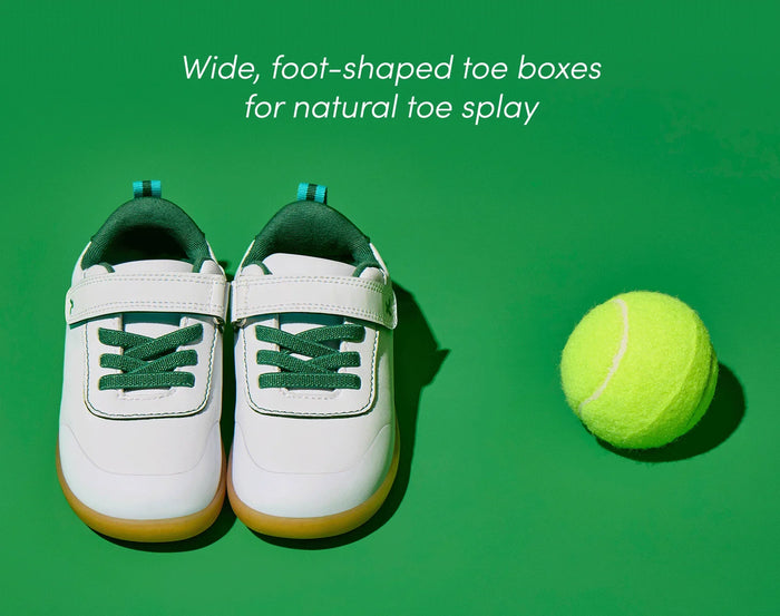 Front and top view of Ten Little Centre Court Sneakers featuring wide, foot-shaped toe boxes for toes for natural splay. Available at www.tenlittle.com