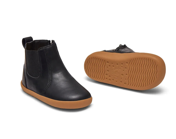 Front, side, and bottom outsole traction view of Ten Little Chelsea Boots - Classic Black. Available at www.tenlittle.com