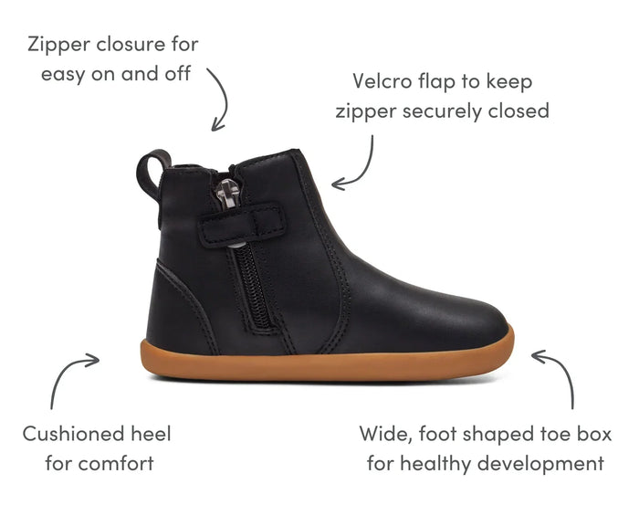 Ten Little Chelsea Boots featuring a zipper closure for easy on and off, velcro flap to keep zipper securely closed, cushioned heel for comfort, and a wide, foot shaped toe box for healthy development - Classic Black. Available at www.tenlittle.com