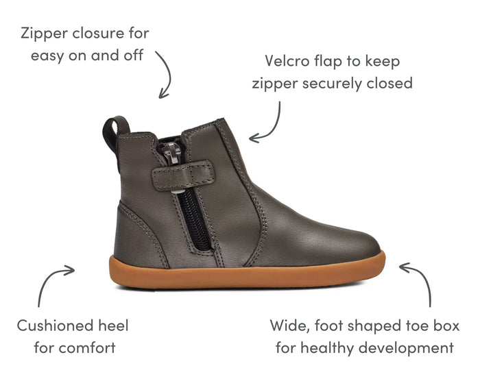 Ten Little Chelsea Boots featuring a zipper closure for easy on and off, velcro flap to keep zipper securely closed, cushioned heel for comfort, and a wide, foot shaped toe box for healthy development - Metallic Gray. Available at www.tenlittle.com