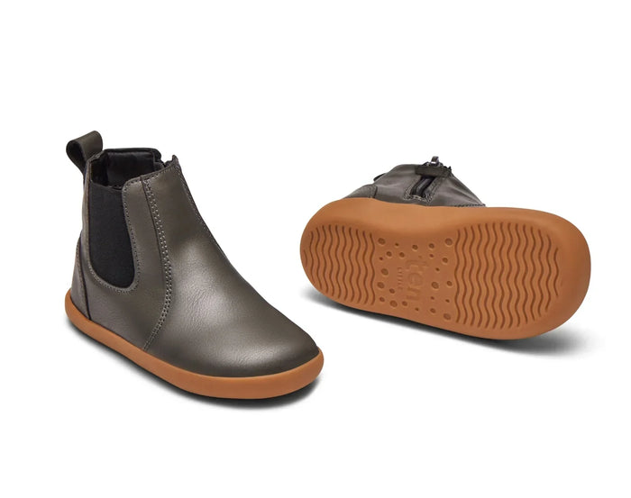 Front, side, and bottom outsole traction view of Ten Little Chelsea Boots - Metallic Gray. Available at www.tenlittle.com