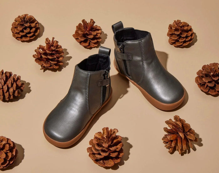 Top and side view of Ten Little Chelsea Boots - Metallic Gray. Available at www.tenlittle.com