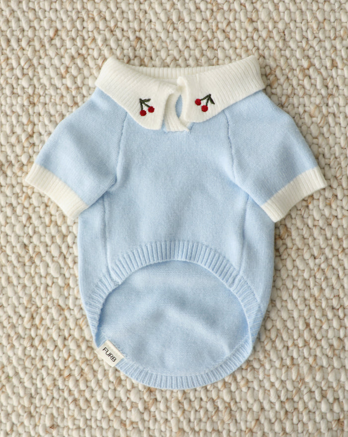 blue cherry dog polo sweater soft knit dog outfit with embroidered cherry details modern pet fashion