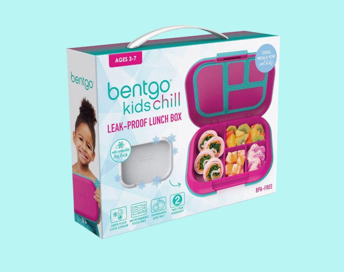 Packaging of Bentgo Chill Lunch Box in Fuchsia/Teal. Available at www.tenlittle.com