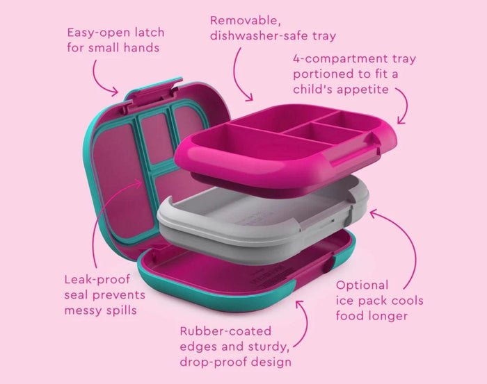 Features of Bentgo Chill Lunch Box in Fuchsia/Teal. Available at www.tenlittle.com