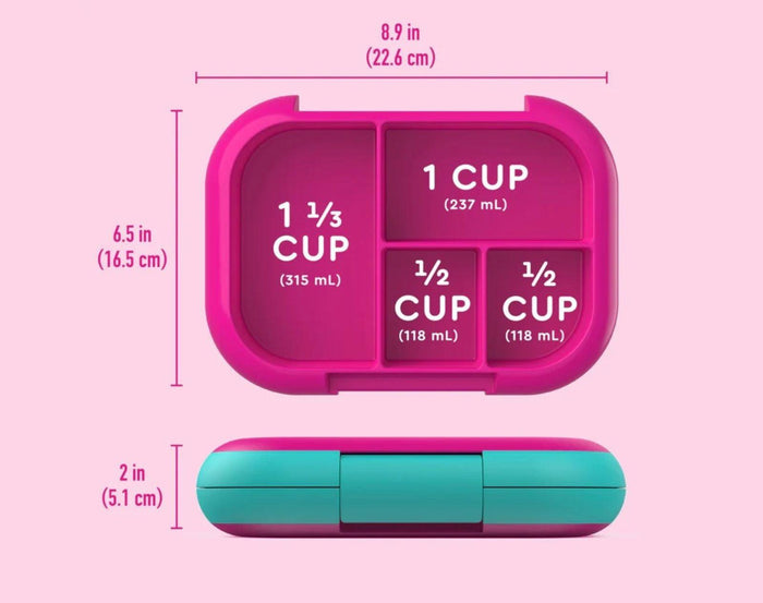 Dimensions of Bentgo Chill Lunch Box in Fuchsia/Teal. Available at www.tenlittle.com