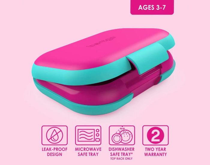 Features of Bentgo Chill Lunch Box in Fuchsia/Teal. Available at www.tenlittle.com