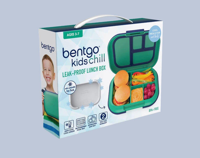 Packaging of Bentgo Chill Lunch Box in Green/Navy. Available at www.tenlittle.com