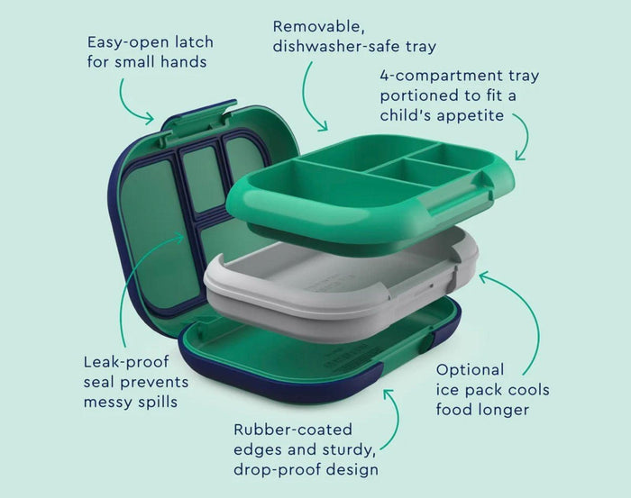 Features of Bentgo Chill Lunch Box in Green/Navy. Available at www.tenlittle.com