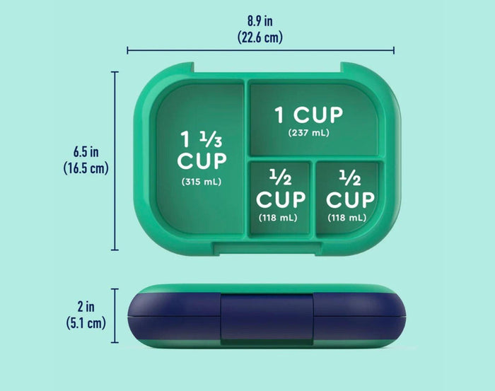 Dimensions of Bentgo Chill Lunch Box in Green/Navy. Available at www.tenlittle.com