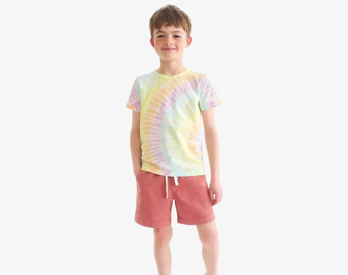 Child wearing Primary Chino Drawstring Shorts - Clay. Available at www.tenlittle.com