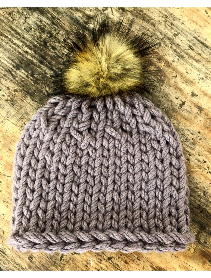adult size (one size fits most) / dusty grey/lavendar / fluffy pom pom