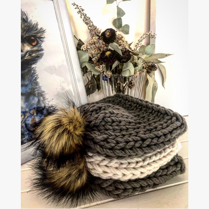 adult size (one size fits most) / charcoal / fluffy pom pom