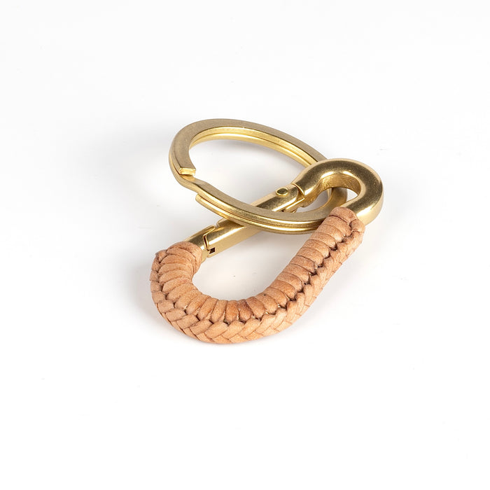 Light brown natural leather carabiner clip or key fob in brass, braided in leather by Matthew Ready. Handmade in Los Angeles.