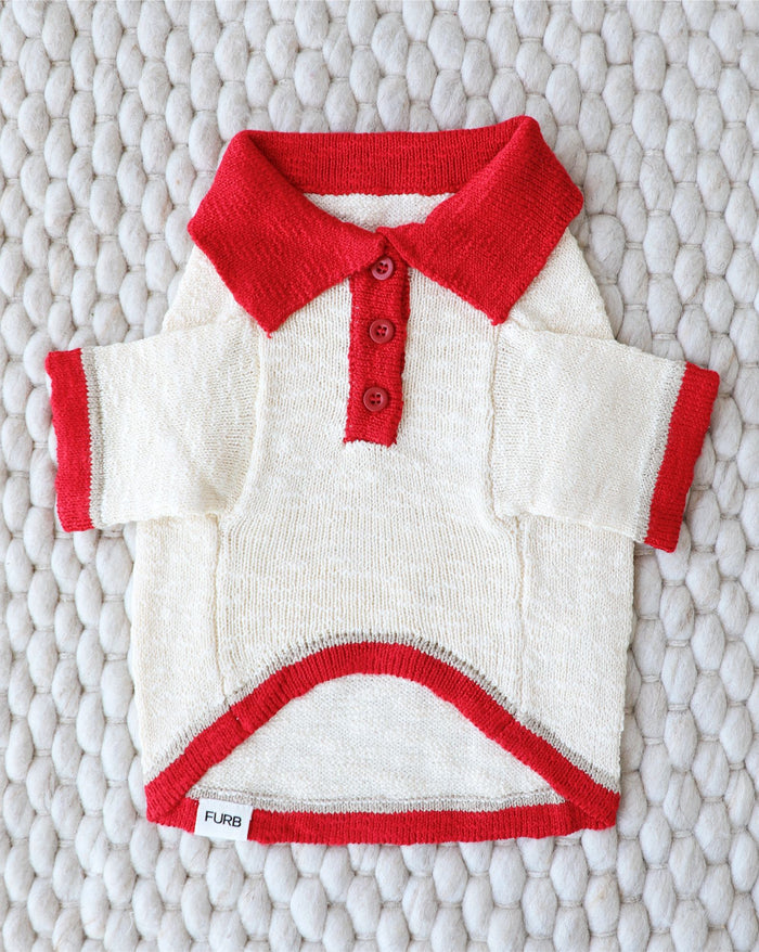 Red and ivory polo dog sweater with soft lightweight knit and timeless collar styling for small to medium breed dogs