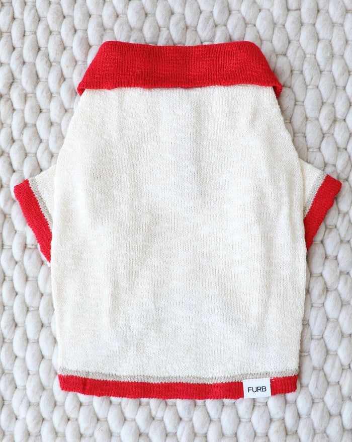 Classic polo collar dog sweater in red and ivory with soft slub knit comfort for small to medium breed dogs