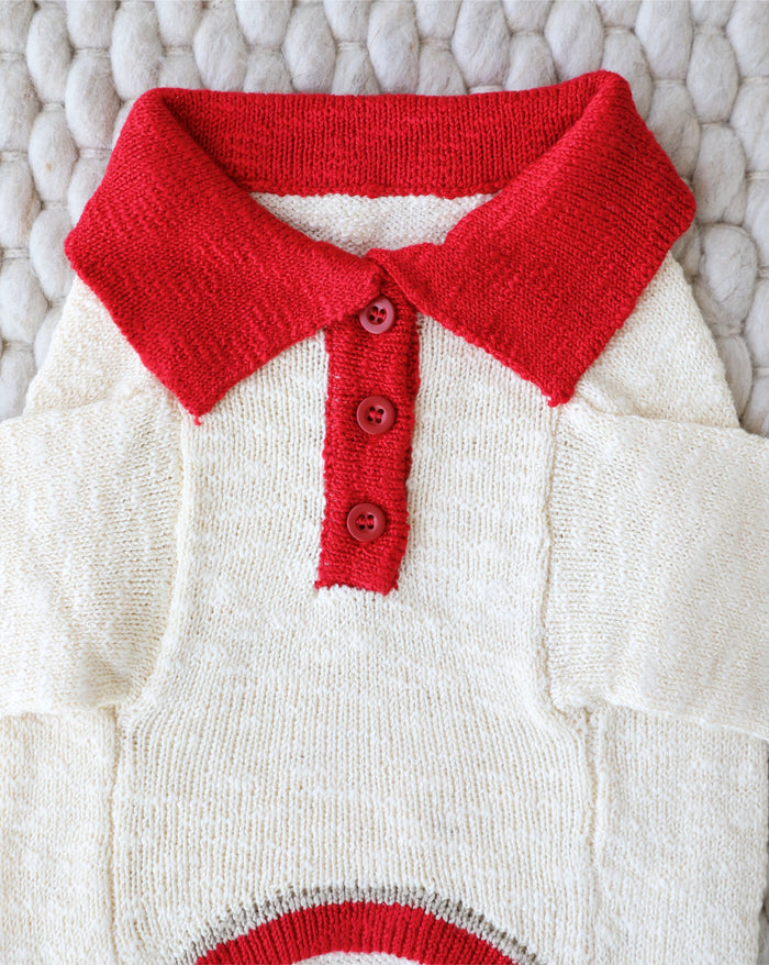 Stylish red and ivory dog sweater featuring a chic polo collar and lightweight soft knit for small to medium breed dogs