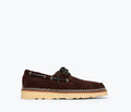 Freda Salvador Collins Lug Loafer in coffee suede with front view, stylish slip-on footwear with stitching detail.