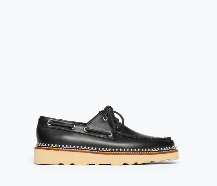 Black Collins Lug Loafer by Freda Salvador, front view showing smooth calf leather upper and classic loafer design.