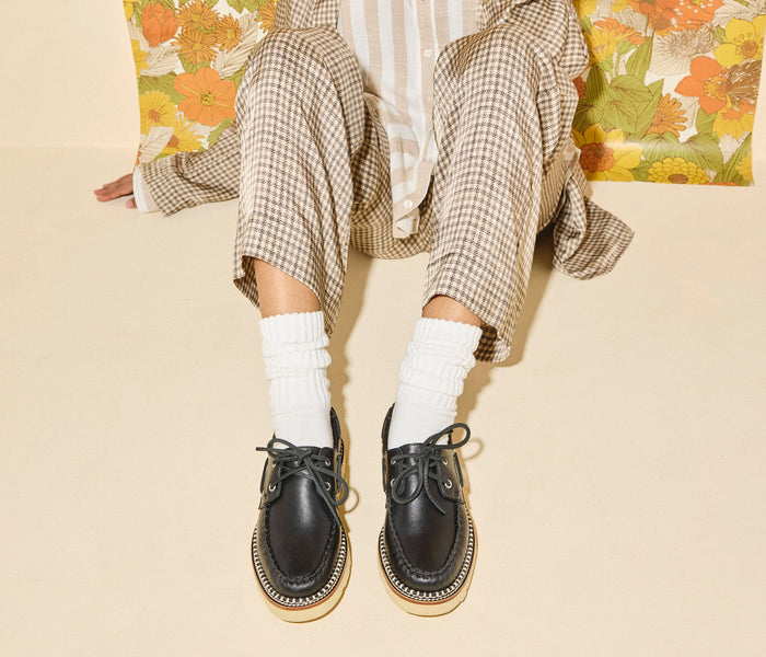 Freda Salvador Collins Lug Loafer in black calf leather, stylish slip-on shoe with chunky sole and sleek design.