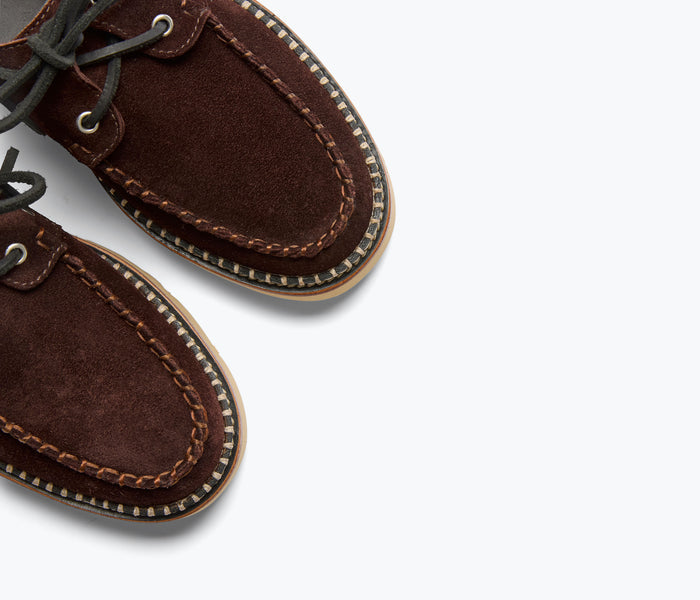 Freda Salvador Collins Lug Loafer in coffee suede with detailed stitching and classic loafer design.