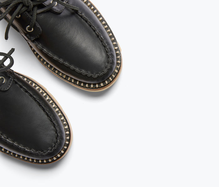 Black calf leather Collins Lug Loafer by Freda Salvador featuring a sleek slip-on design and detailed Lug sole.