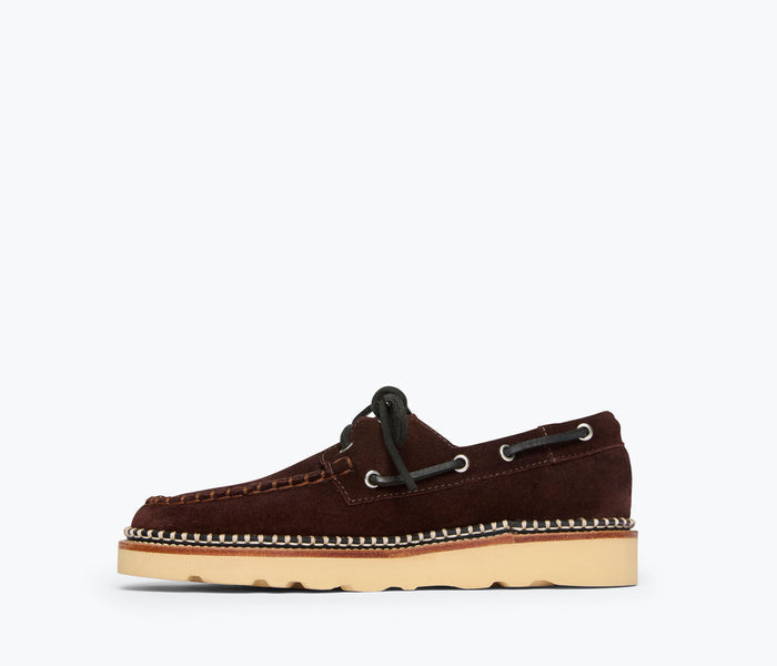 Freda Salvador Collins Lug Loafer in coffee suede, showing the stylish inside view with clean stitching and comfortable design.