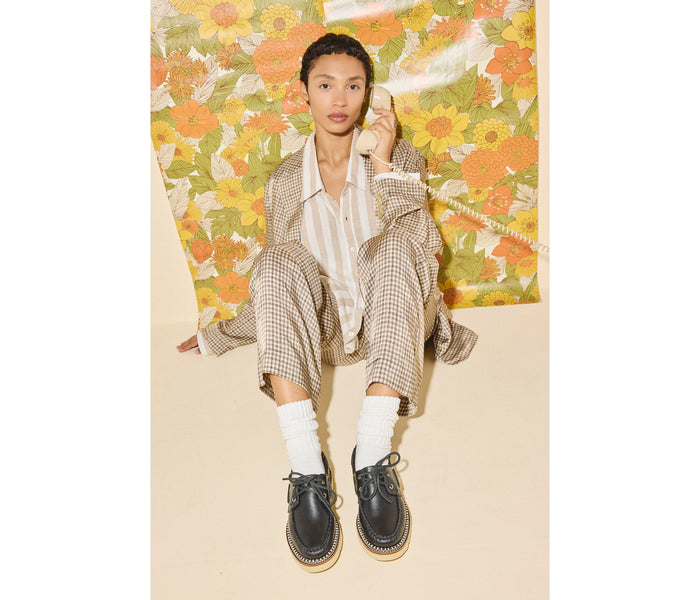 Black Collins Lug Loafer by Freda Salvador featuring smooth calf leather and a chunky lug sole, stylish and comfortable footwear.