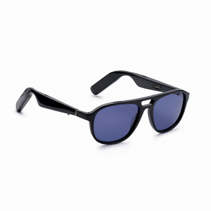 The Nautica Commander sunglasses feature black frames, blue-tinted polarized lenses, and slightly thick arms, showcased on a white background.
