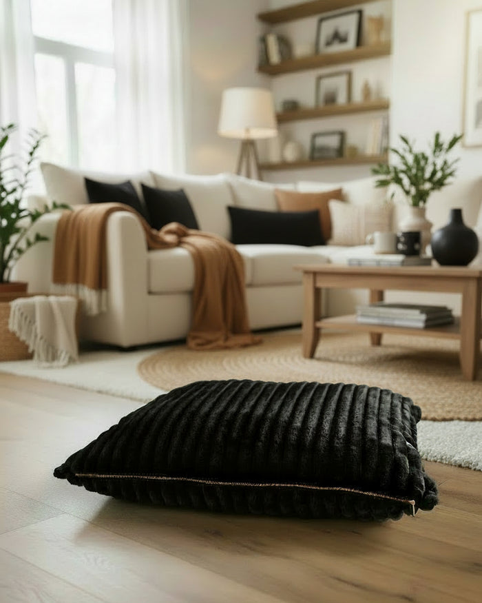 black faux fur dog bed cover close up plush texture detail