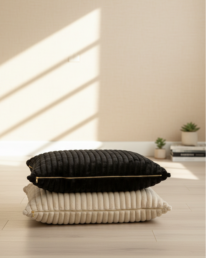 black faux fur dog bed cover styled interior room image
