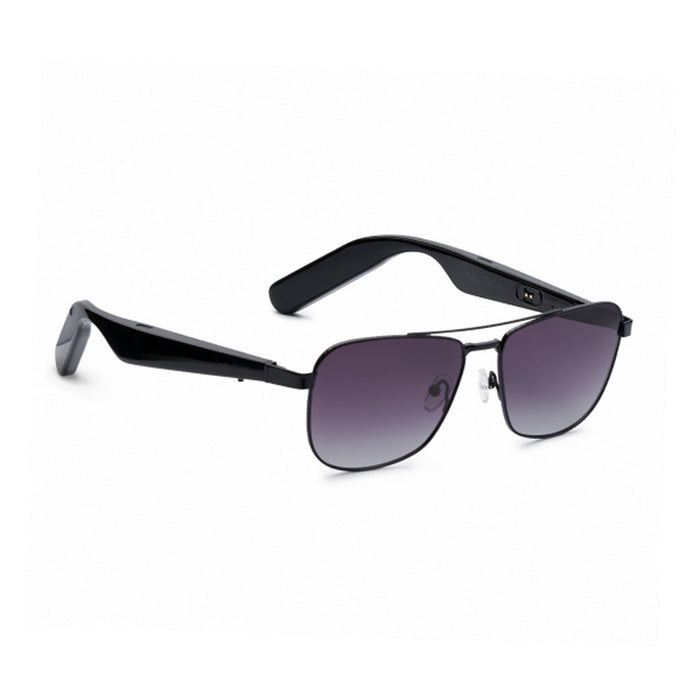 The Nautica Corsair sunglasses feature a black rectangular frame with dark gradient lenses, thick temples, and adjustable nose pads. Shown on a white background, their modern design is sleek and tech-inspired.