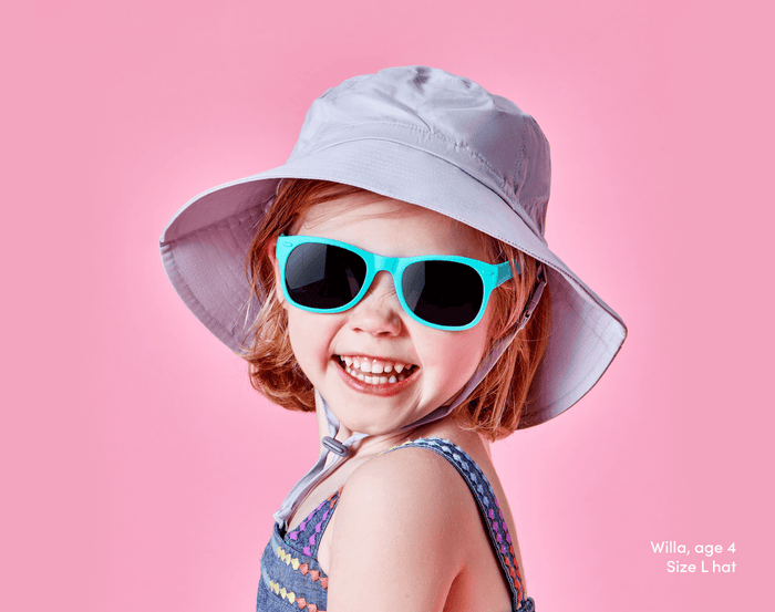 Child Wearing Ten Little Aqua Sunglasses and Ten Little Cotton Bucket Hat Gray - Available at www.tenlittle.com