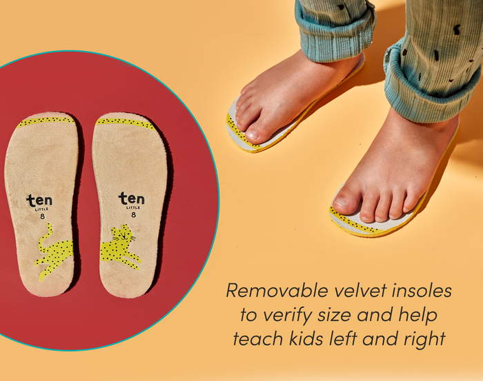 Split view of removable velvet insoles and child standing on insoles to verify size and help learn left and right - Ten Little Cozy Suede Sneakers. Available at www.tenlittle.com