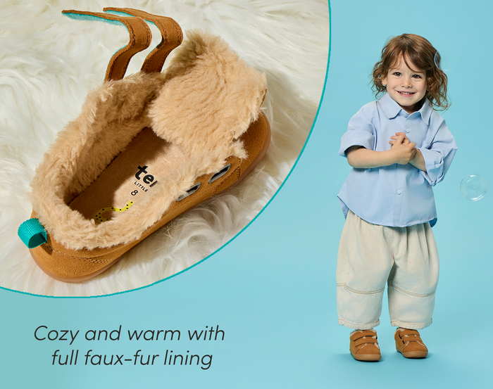 Split view of cozy and warm full faux-fur lining and child wearing Ten Little Cozy Suede Sneakers - Toffee Brown. Available at www.tenlittle.com