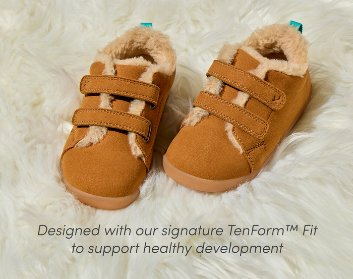 Front and top view of Ten Little Cozy Suede Sneakers designed with our signature TenForm™ Fit to support healthy development - Toffee Brown. Available at www.tenlittle.com