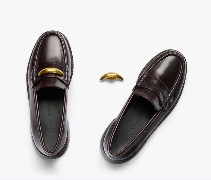 Gold Crescent Loafer Charm by Luis Mora, stylish shoe accessory with intricate detailing, perfect for adding a touch of elegance.