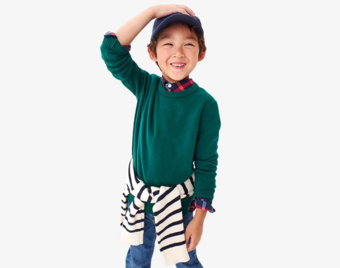 Boy wearing Primary French Terry Sweater - Ivy. Available at www.tenlittle.com
