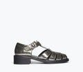 FREDA SALVADOR Dahlia T-strap fisherman loafer in anthracite embossed snake leather, showing front view with T-strap design.