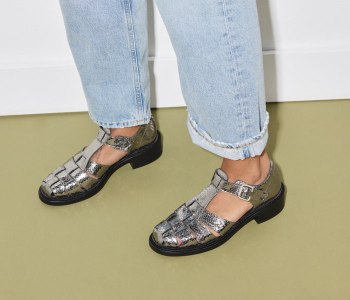 Freda Salvador Dahlia T-strap fisherman loafer in anthracite leather with sleek design and T-strap detailing.